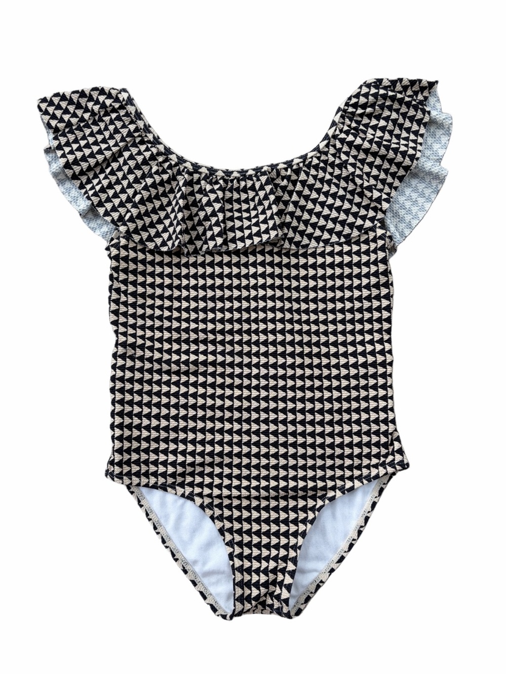 Janie and Jack Size 7 Geo Ruffle One Piece Swimsuit in Marshmallow Fluff Print
